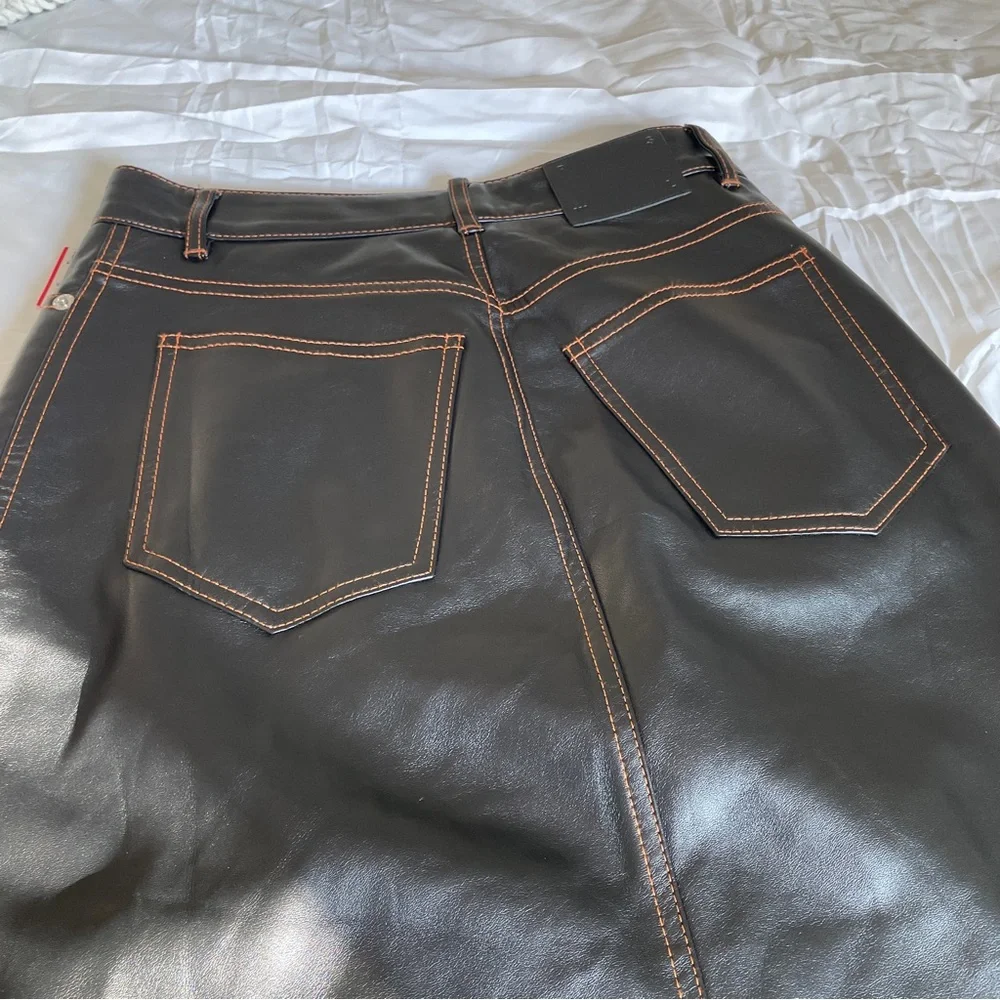 Proenza Schouler NEW Leather Midi Skirt. Black brown top stitching. Sz 2